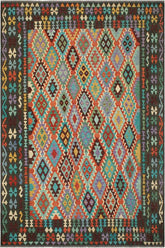Flat Weave Kilim Antique Navaho Vintage handmade Geometric Kilim Rust Green Hand-Woven Rectangle 100% Wool Area Rug 8x10