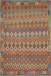 Flat Weave Kilim Antique Navaho Vintage handmade Modern Kilim Rust Gray Hand-Woven Rectangle 100% Wool Area Rug 8x11