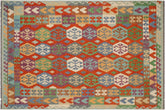 handmade Geometric Kilim Rust Blue Hand-Woven RECTANGLE 100% WOOL area rug 7 x 10