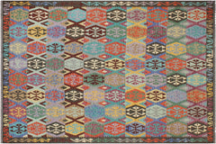 handmade Geometric Kilim Gold Green Hand-Woven RECTANGLE 100% WOOL area rug 9 x 10