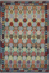 Flat Weave Kilim Antique Navaho Vintage handmade Geometric Kilim Green Blue Hand-Woven Rectangle 100% Wool Area Rug 9x11