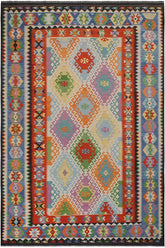 Flat Weave Kilim Antique Navaho Vintage handmade Geometric Kilim Blue Rust Hand-Woven Rectangle 100% Wool Area Rug 8x12