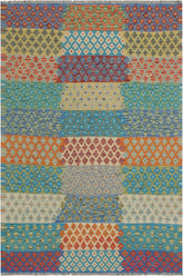 Flat Weave Kilim Antique Navaho Vintage handmade Modern Kilim Red Blue Hand-Woven Rectangle 100% Wool Area Rug 6x8