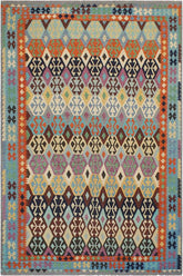 Flat Weave Kilim Antique Navaho Vintage handmade Geometric Kilim Rust Blue Hand-Woven Rectangle 100% Wool Area Rug 8x11