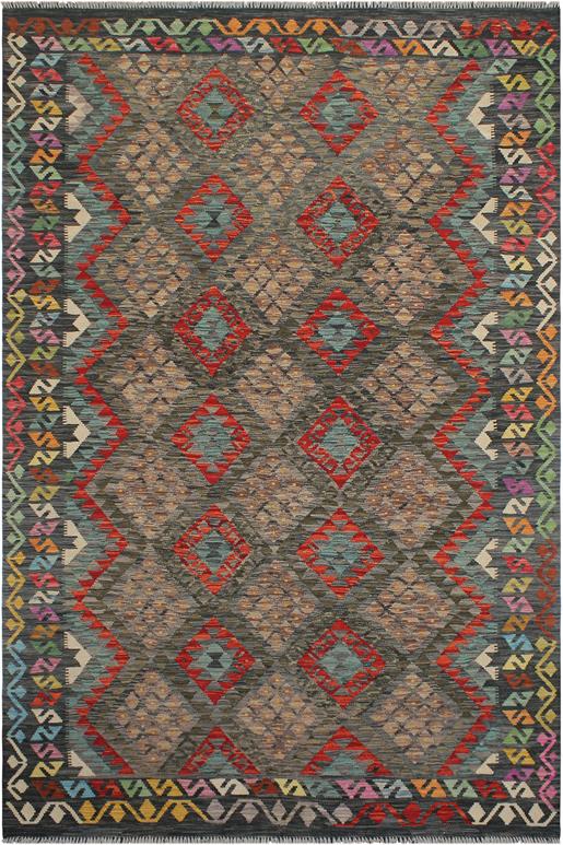 Flat Weave Kilim Antique Navaho Vintage handmade Geometric Kilim Charcoal Green Hand-Woven Rectangle 100% Wool Area Rug 7x10
