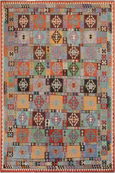 Flat Weave Kilim Antique Navaho Vintage handmade Geometric Kilim Blue Rust Hand-Woven Rectangle 100% Wool Area Rug 8x11