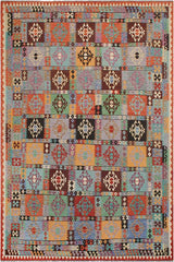 Flat Weave Kilim Antique Navaho Vintage handmade Geometric Kilim Blue Rust Hand-Woven Rectangle 100% Wool Area Rug 8x11