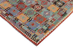 Flat Weave Kilim Antique Navaho Vintage handmade Geometric Kilim Blue Rust Hand-Woven Rectangle 100% Wool Area Rug 8x11