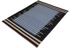 Flat Weave Kilim Antique Navaho Vintage handmade Modern Kilim Blue Black Hand-Woven Rectangle 100% Wool Area Rug 7x10