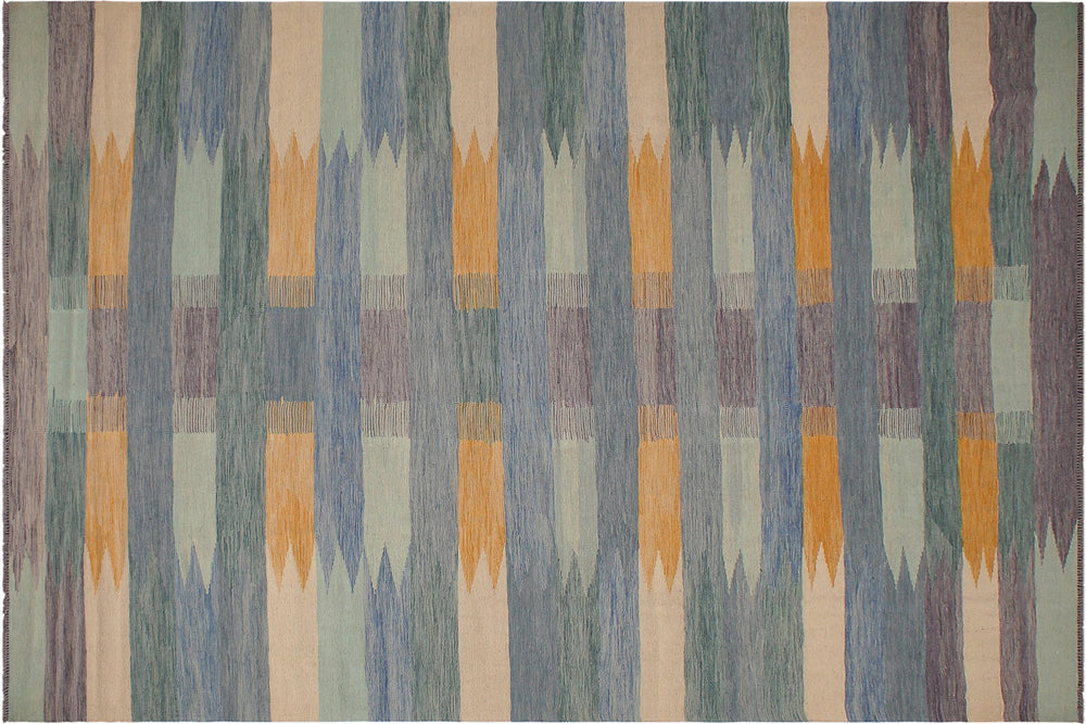 handmade Modern Kilim Blue Beige Hand-Woven RECTANGLE 100% WOOL area rug 9x12