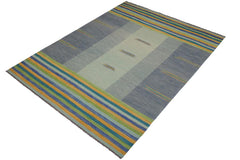 Flat Weave Kilim Antique Navaho Vintage handmade Modern Kilim Blue Gold Hand-Woven Rectangle 100% Wool Area Rug 9x11