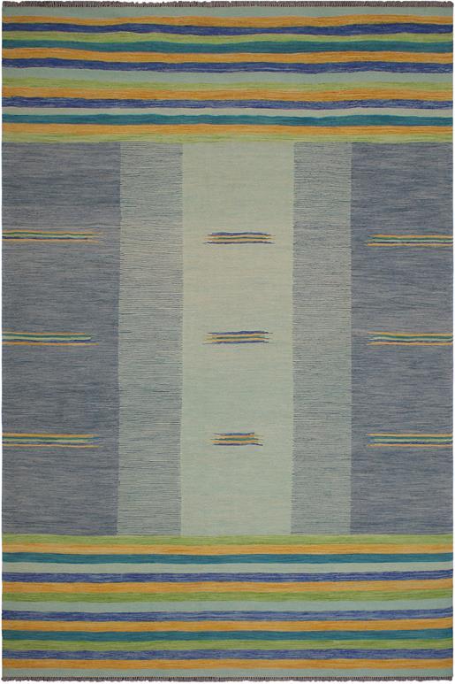Flat Weave Kilim Antique Navaho Vintage handmade Modern Kilim Blue Gold Hand-Woven Rectangle 100% Wool Area Rug 9x11