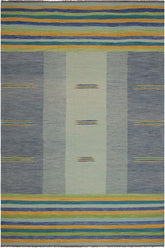 Flat Weave Kilim Antique Navaho Vintage handmade Modern Kilim Blue Gold Hand-Woven Rectangle 100% Wool Area Rug 9x11
