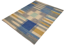 Flat Weave Kilim Antique Navaho Vintage handmade Modern Kilim Beige Blue Hand-Woven Rectangle 100% Wool Area Rug 9x10