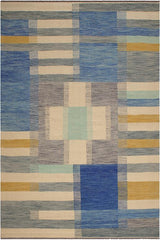 Flat Weave Kilim Antique Navaho Vintage handmade Modern Kilim Beige Blue Hand-Woven Rectangle 100% Wool Area Rug 9x10