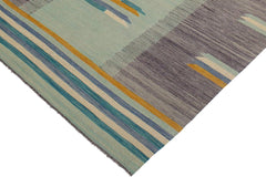 Flat Weave Kilim Antique Navaho Vintage handmade Modern Kilim Blue Gold Hand-Woven Rectangle 100% Wool Area Rug 7x10