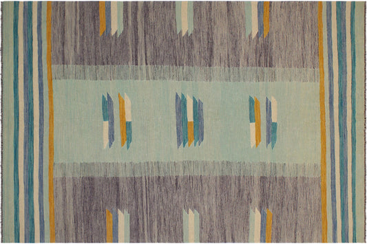 handmade Modern Kilim Blue Gold Hand-Woven RECTANGLE 100% WOOL area rug 7x10