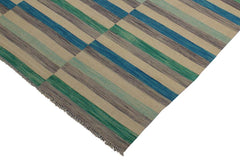 Flat Weave Kilim Antique Navaho Vintage handmade Modern Kilim Blue Beige Hand-Woven Rectangle 100% Wool Area Rug 6x10