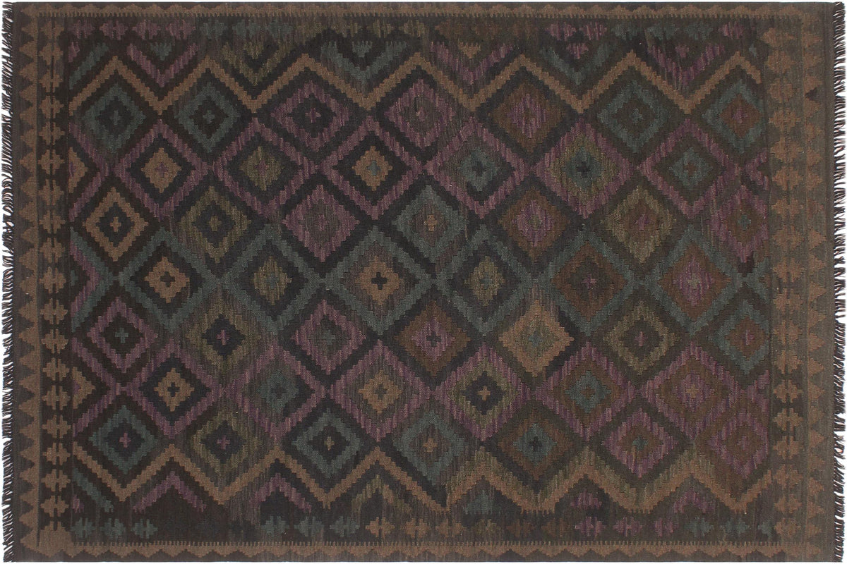 5x6 hand woven Turkish Flat Weave Kilim wool rug in black and brown - Chic Turkish Brain