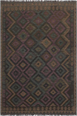 Flat Weave Kilim Antique Navaho Vintage handmade Geometric Kilim Black Brown Hand-Woven Rectangle 100% Wool Area Rug 5x6