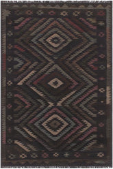 Flat Weave Kilim Antique Navaho Vintage handmade Geometric Kilim Black Blue Hand-Woven Rectangle 100% Wool Area Rug 6x8