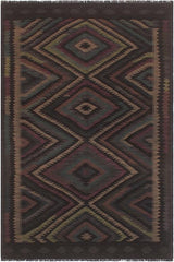 Flat Weave Kilim Antique Navaho Vintage handmade Geometric Kilim Black Green Hand-Woven Rectangle 100% Wool Area Rug 5x8