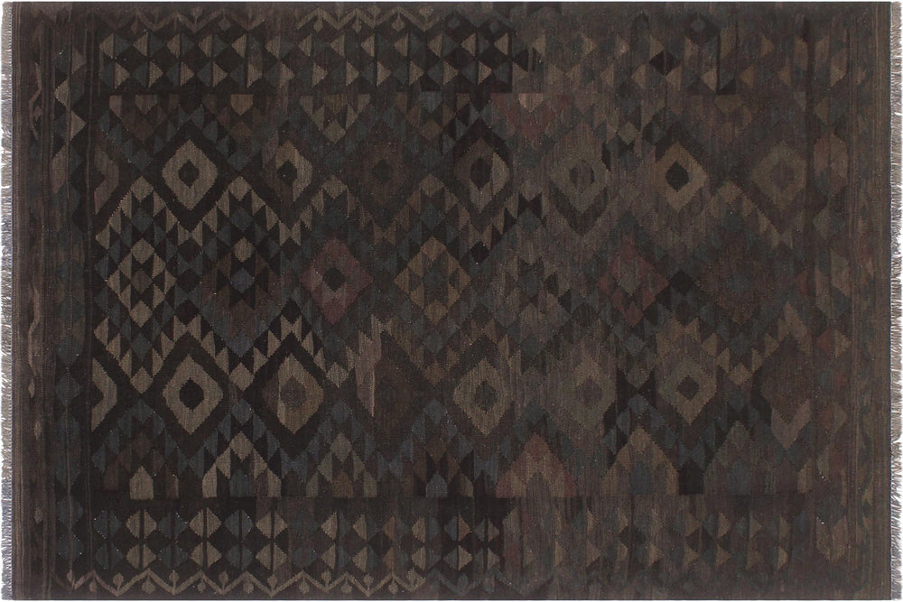handmade Modern Kilim Black Brown Hand-Woven RECTANGLE 100% WOOL area rug 6' x 8'