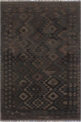 Flat Weave Kilim Antique Navaho Vintage handmade Geometric Kilim Black Brown Hand-Woven Rectangle 100% Wool Area Rug 6x8