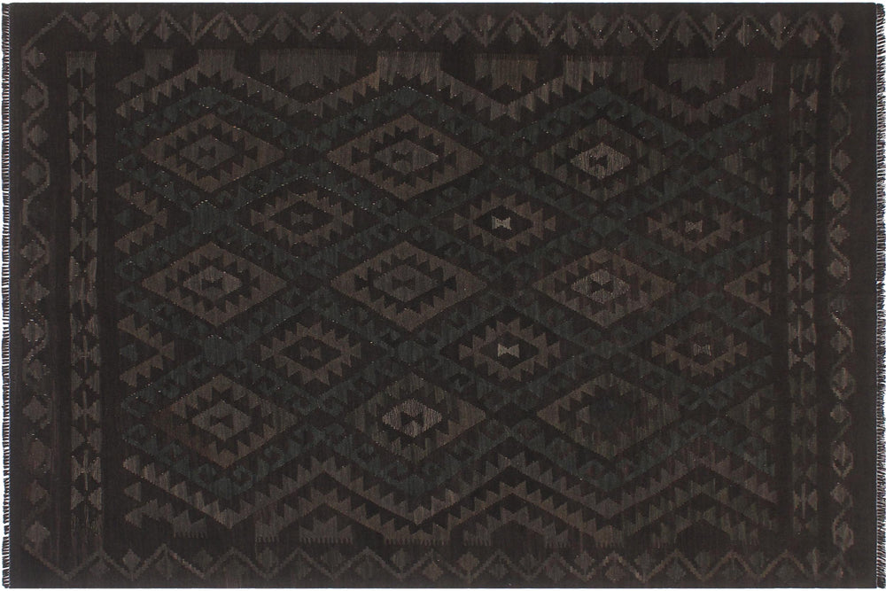 handmade Modern Kilim Black Green Hand-Woven RECTANGLE 100% WOOL area rug 6' x 7'