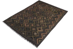 Flat Weave Kilim Antique Navaho Vintage handmade Geometric Kilim Black Blue Hand-Woven Rectangle 100% Wool Area Rug 6x10