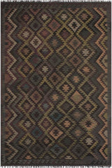 Flat Weave Kilim Antique Navaho Vintage handmade Geometric Kilim Black Blue Hand-Woven Rectangle 100% Wool Area Rug 6x10