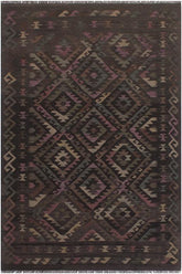 Flat Weave Kilim Antique Navaho Vintage handmade Geometric Kilim Black Brown Hand-Woven Rectangle 100% Wool Area Rug 5x8