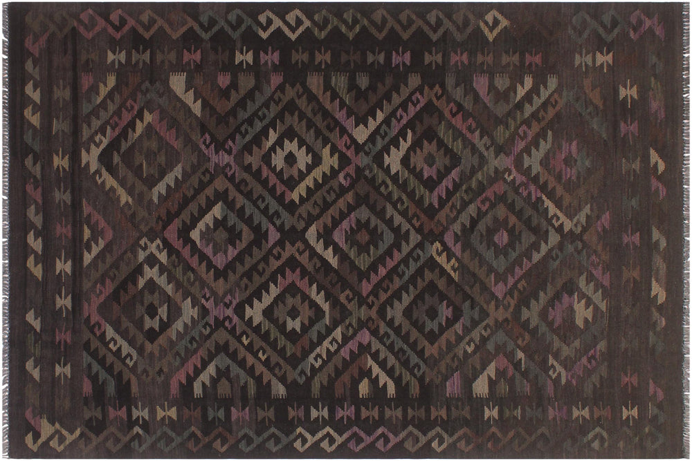 handmade Modern Kilim Black Brown Hand-Woven RECTANGLE 100% WOOL area rug 5' x 8'