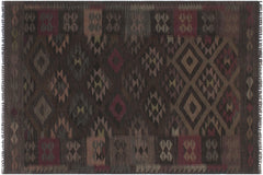 handmade Modern Kilim Charcoal Brown Hand-Woven RECTANGLE 100% WOOL area rug 6' x 8'