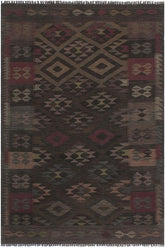 Flat Weave Kilim Antique Navaho Vintage handmade Geometric Kilim Charcoal Brown Hand-Woven Rectangle 100% Wool Area Rug 6x8