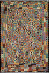 Flat Weave Kilim Antique Navaho Vintage handmade Geometric Kilim Rust Brown Hand-Woven Rectangle 100% Wool Area Rug 10x13