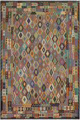 Flat Weave Kilim Antique Navaho Vintage handmade Geometric Kilim Rust Brown Hand-Woven Rectangle 100% Wool Area Rug 10x13