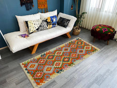 Flat Weave Kilim Antique Navaho Vintage handmade Geometric Kilim Rust Beige Hand-Woven Runner 100% Wool Area Rug 3x6