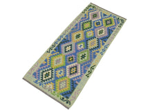 Flat Weave Kilim Antique Navaho Vintage handmade Geometric Kilim Blue Gold Hand-Woven Runner 100% Wool Area Rug 3x6