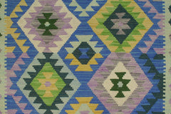 Flat Weave Kilim Antique Navaho Vintage handmade Geometric Kilim Blue Gold Hand-Woven Runner 100% Wool Area Rug 3x6