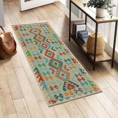 Flat Weave Kilim Antique Navaho Vintage handmade Geometric Kilim Blue Beige Hand-Woven Runner 100% Wool Area Rug 3x7