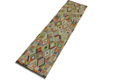 Flat Weave Kilim Antique Navaho Vintage handmade Geometric Kilim Blue Gold Hand-Woven Runner 100% Wool Area Rug 3x10