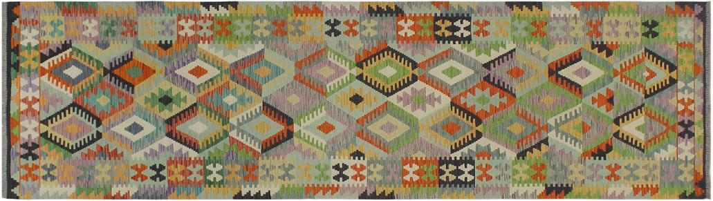 Flat Weave Kilim Antique Navaho Vintage handmade Geometric Kilim Blue Gold Hand-Woven Runner 100% Wool Area Rug 3x10