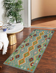 Flat Weave Kilim Antique Navaho Vintage handmade Geometric Kilim Blue Red Hand-Woven Runner 100% Wool Area Rug 3x6