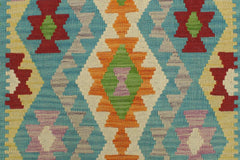 Flat Weave Kilim Antique Navaho Vintage handmade Geometric Kilim Blue Red Hand-Woven Runner 100% Wool Area Rug 3x6