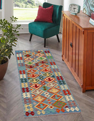 Flat Weave Kilim Antique Navaho Vintage handmade Geometric Kilim Blue Rust Hand-Woven Runner 100% Wool Area Rug 3x7