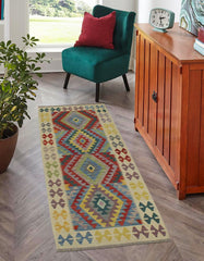 Flat Weave Kilim Antique Navaho Vintage handmade Geometric Kilim Blue Beige Hand-Woven Runner 100% Wool Area Rug 3x6