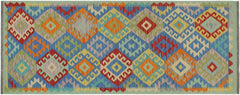 Flat Weave Kilim Antique Navaho Vintage handmade Geometric Kilim Blue Orange Hand-Woven Runner 100% Wool Area Rug 3x7