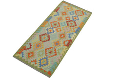 Flat Weave Kilim Antique Navaho Vintage handmade Geometric Kilim Blue Green Hand-Woven Runner 100% Wool Area Rug 3x7