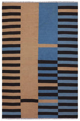 Flat Weave Kilim Antique Navaho Vintage handmade Modern Kilim Blue Brown Hand-Woven Rectangle 100% Wool Area Rug 6x8